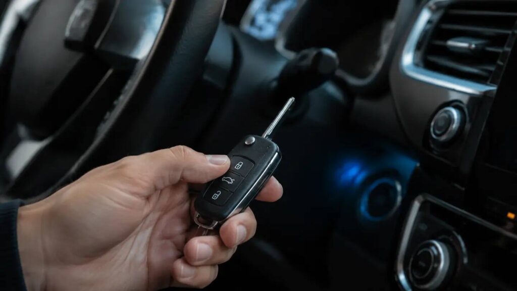 Motorista segurando chave codificada no interior do veículo