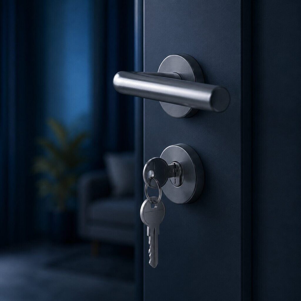 Chave inserida em fechadura de porta residencial