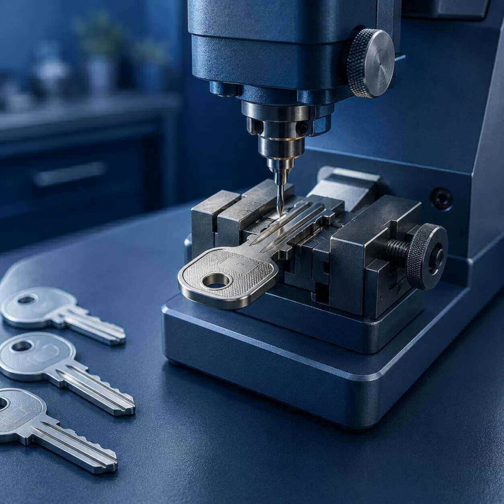 Máquina realizando o corte e a confecção de chave em oficina de chaveiro