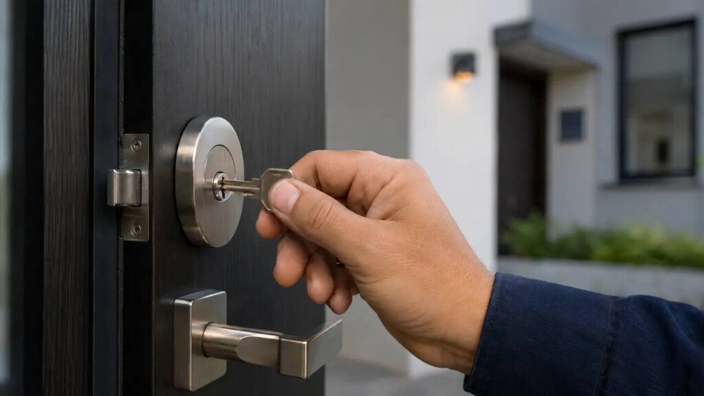 Pessoa abrindo porta residencial com chave na fechadura