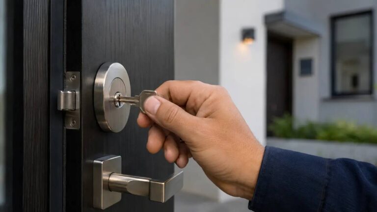Pessoa abrindo porta residencial com chave na fechadura