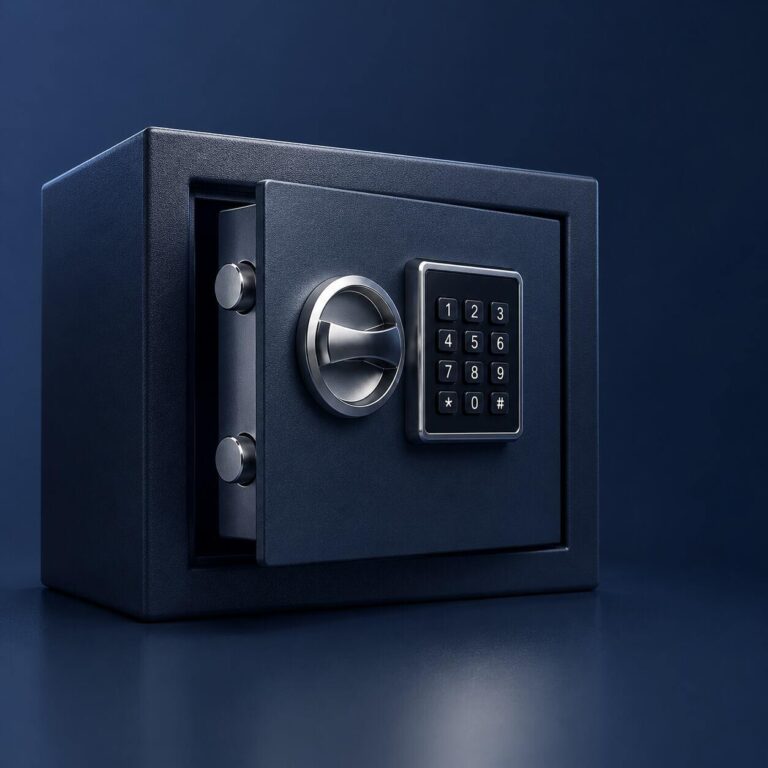 Cofre eletrônico com teclado numérico e porta parcialmente aberta