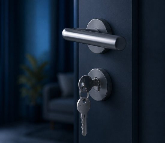 Chave inserida em fechadura de porta residencial