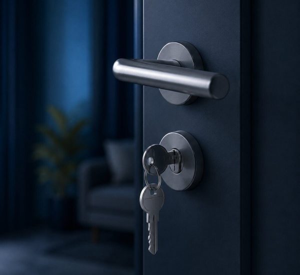 Chave inserida em fechadura de porta residencial