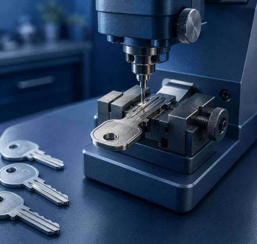 Máquina realizando o corte e a confecção de chave em oficina de chaveiro