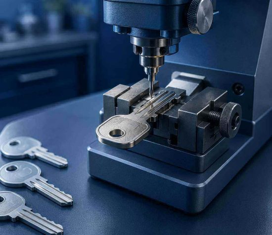 Máquina realizando o corte e a confecção de chave em oficina de chaveiro