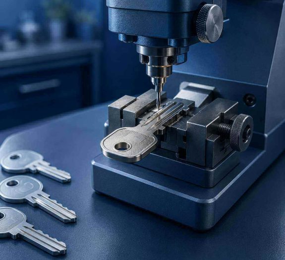 Máquina realizando o corte e a confecção de chave em oficina de chaveiro