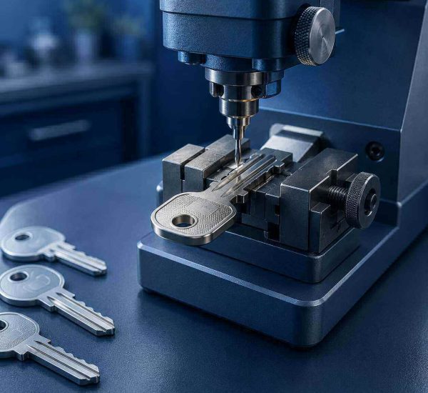 Máquina realizando o corte e a confecção de chave em oficina de chaveiro