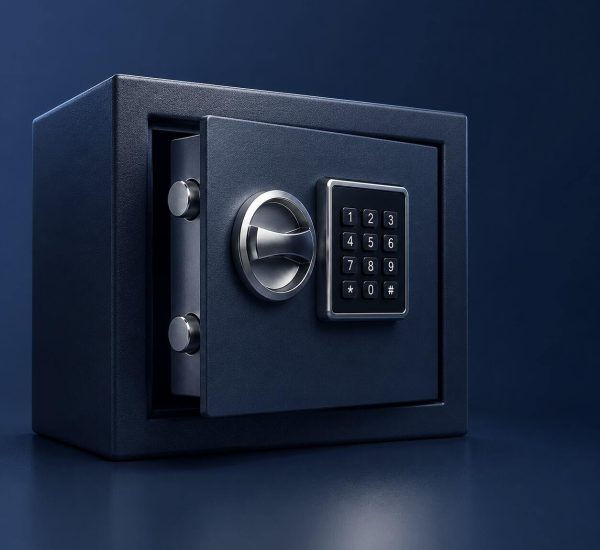 Cofre eletrônico com teclado numérico e porta parcialmente aberta